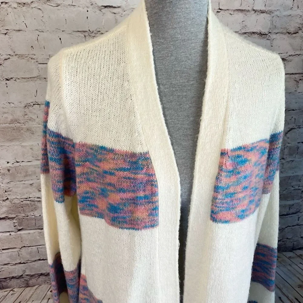 Lane Bryant Cozy Sweater Cardigan Duster Maxi Length Belted Striped Cream 14